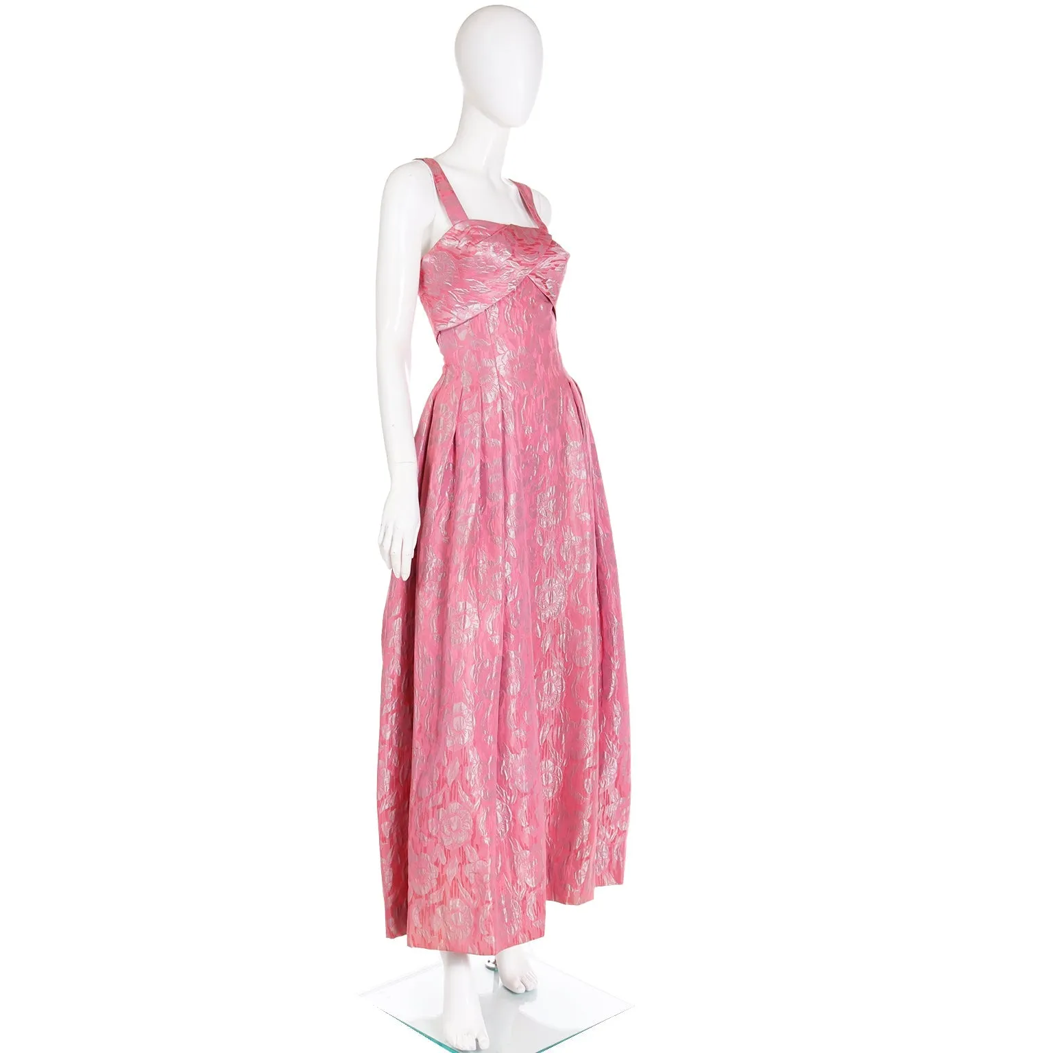 1950s Vintage Norman Young London Pink Jacquard Evening Dress