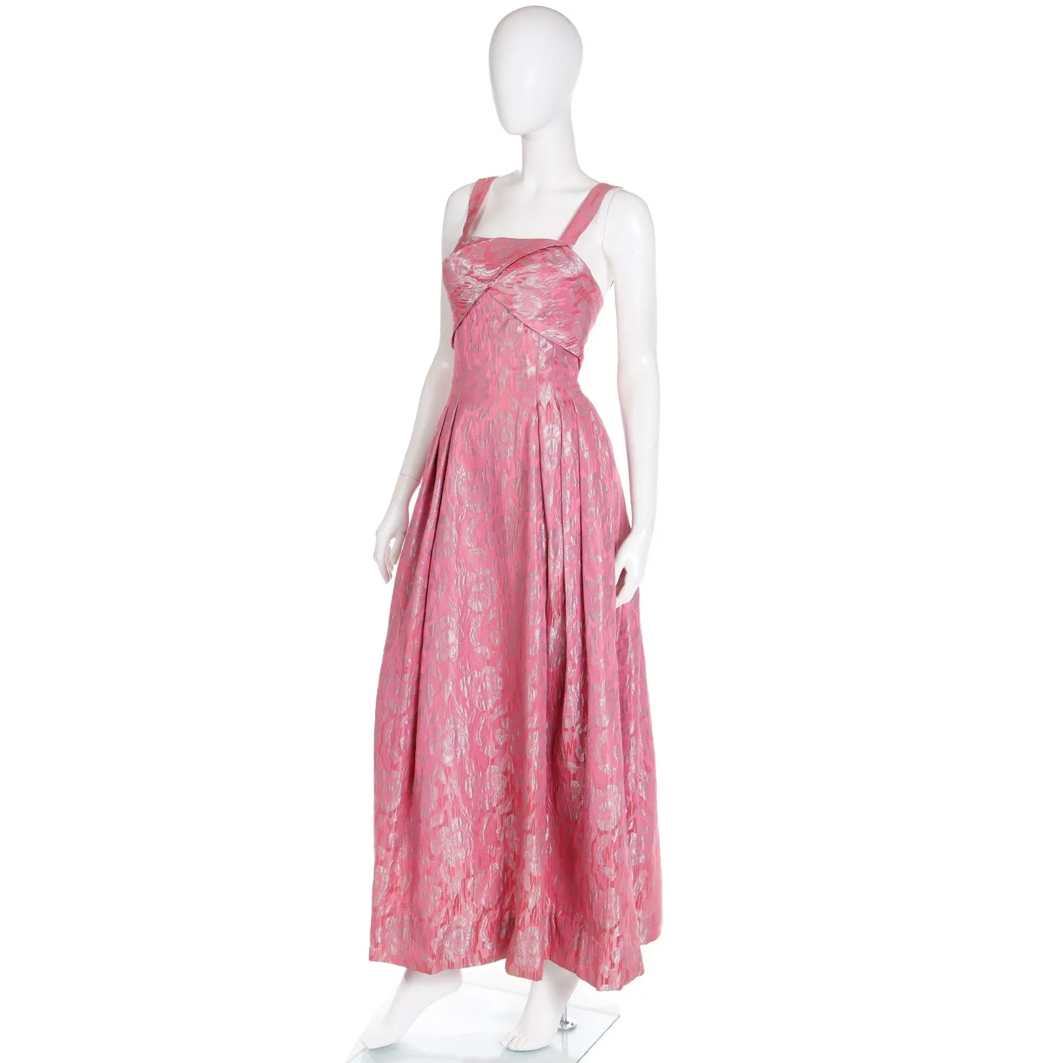 1950s Vintage Norman Young London Pink Jacquard Evening Dress