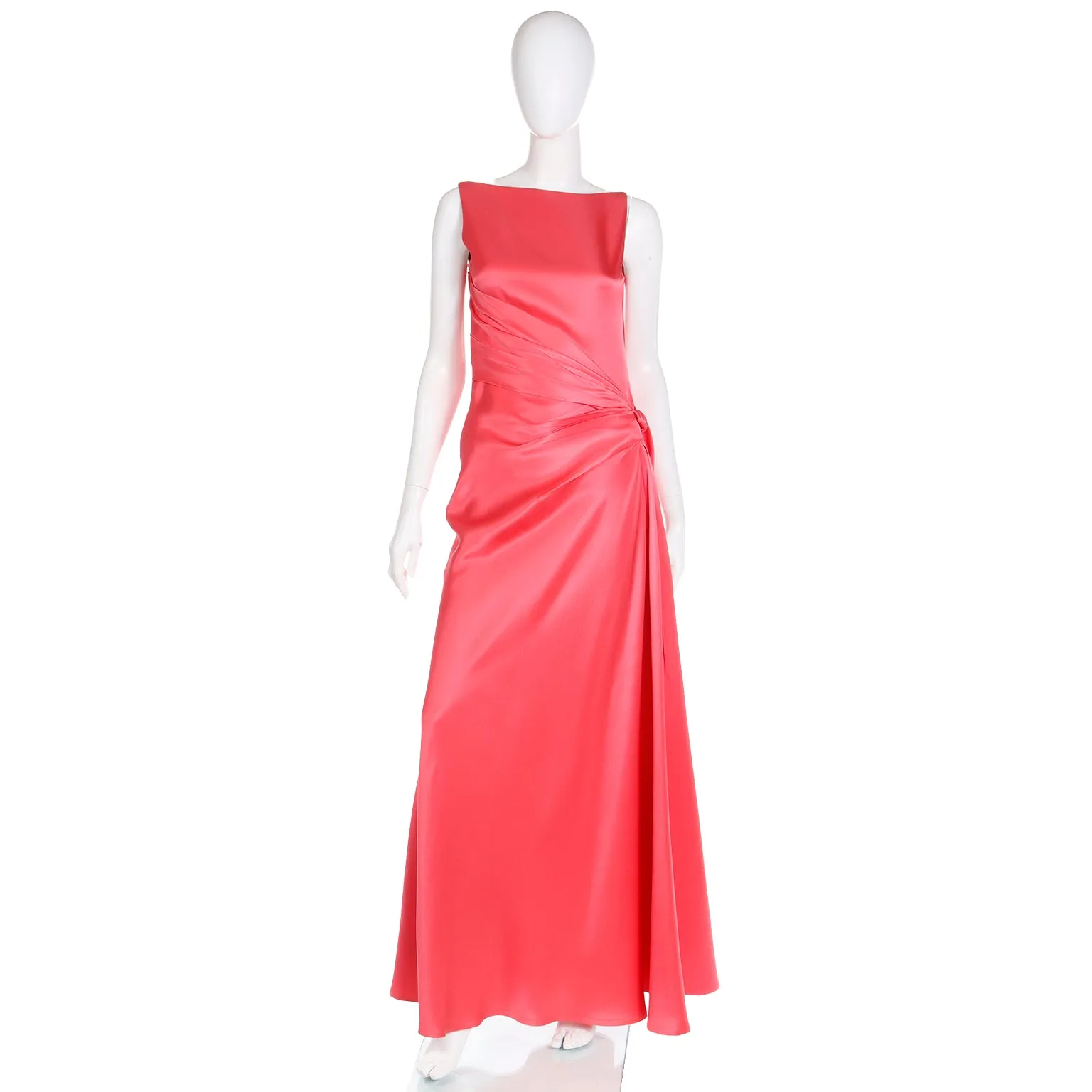 1990s Bill Blass Vintage Salmon Pink Silk Draped Evening Gown