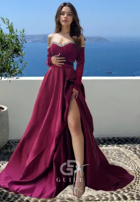 A-Line Long Sleeves Off-Shoulder Prom Dress with Slit Ruched Evening Party Dress