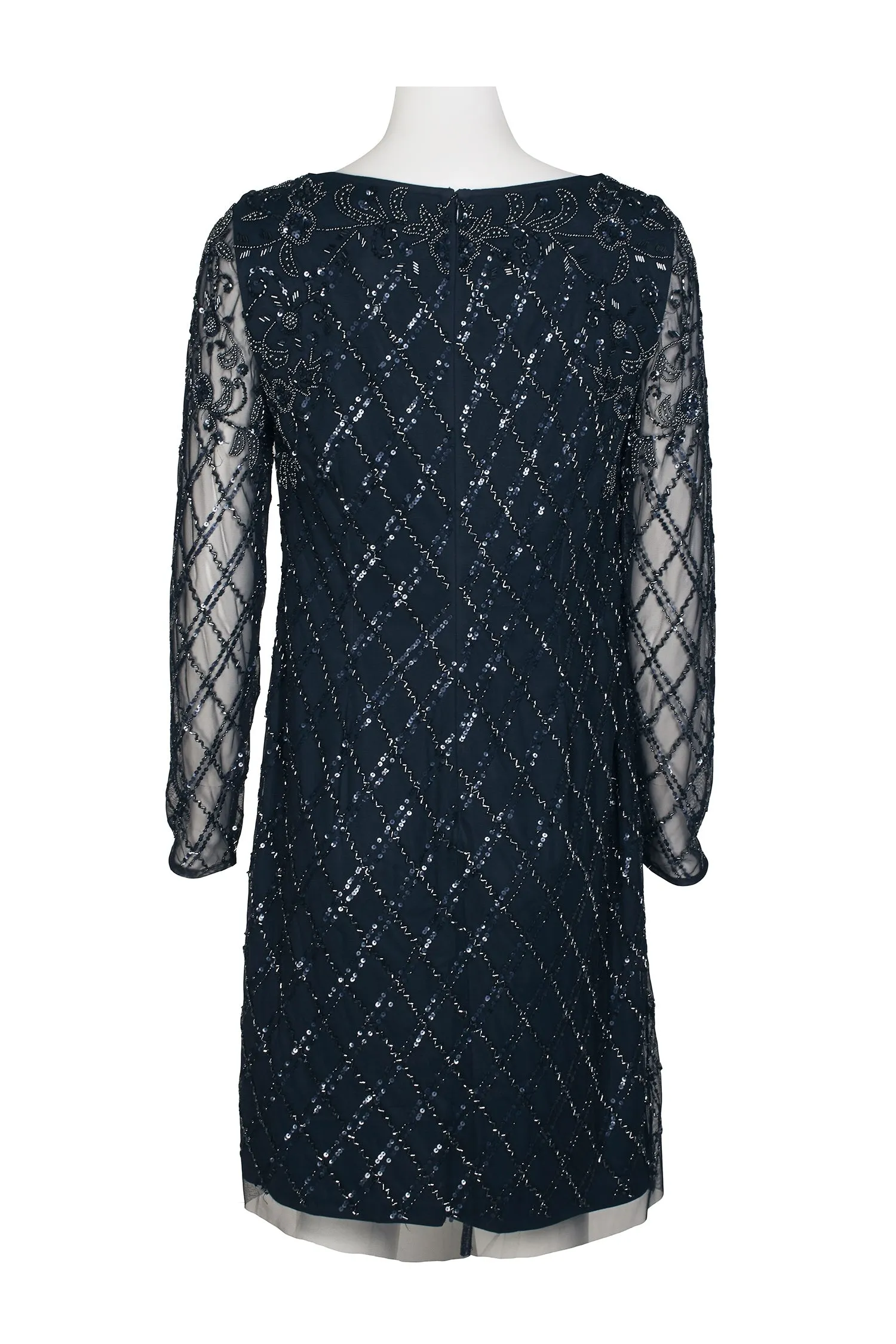 Adrianna Papell Scoop Neck Illusion Long Sleeve Sequined Beaded Zipper Back Shift Mesh Dress