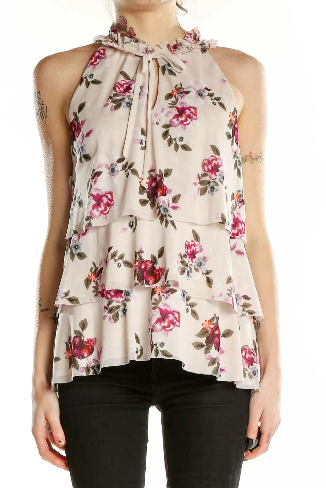 Beige Floral Tiered Sleeveless Top