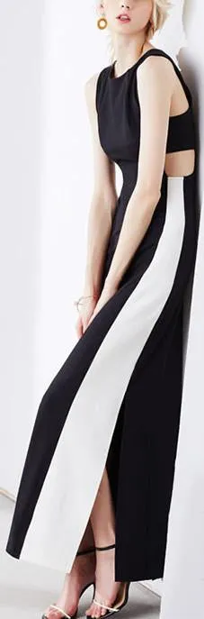 Bicolor Contrast Long Sleeveless Dress in Black & White