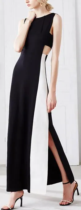 Bicolor Contrast Long Sleeveless Dress in Black & White