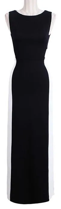 Bicolor Contrast Long Sleeveless Dress in Black & White