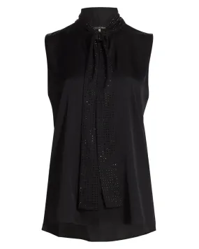 Black Evelyn Rhinestone Tie-Neck Blouse