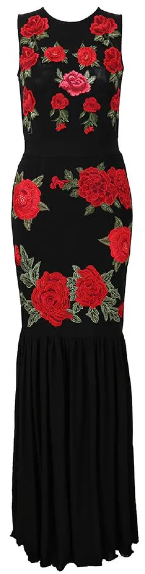 Black Long Floral-Embroidered Stretchy Maxi Dress