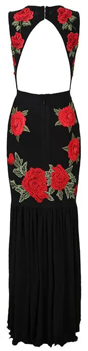 Black Long Floral-Embroidered Stretchy Maxi Dress