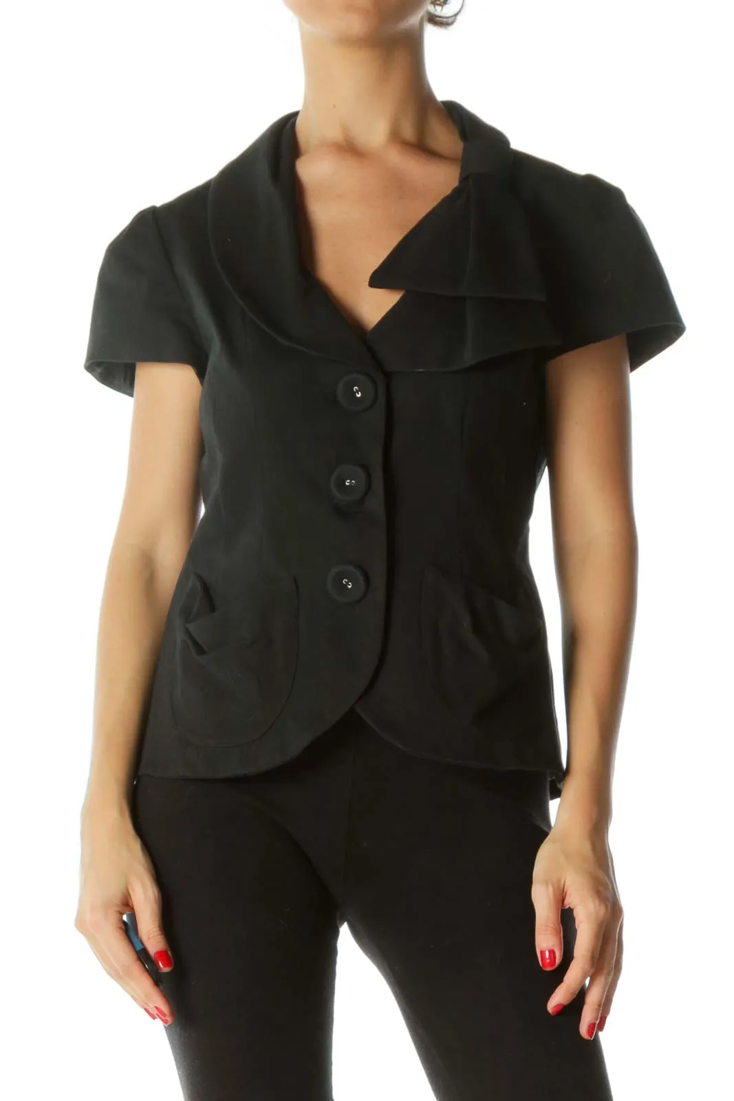 Black V-Neck Fabric-Buttons Bow-Shoulder Detail Textured Short-Sleeve Blazer