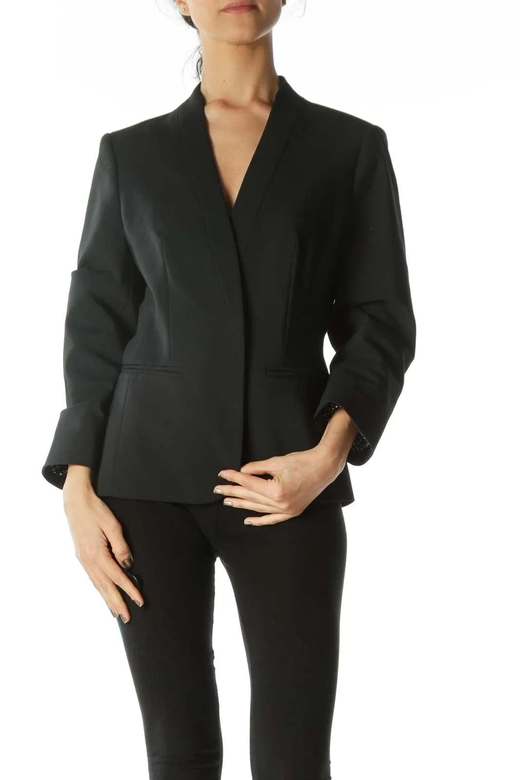 Black V-Neck Hook-Closure Stitching Detail Blazer