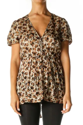 Brown Geometric Print Casual Blouse