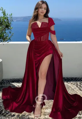 Burgundy One Shoulder Prom Dress with Pleats Velvet Slit Evening Party Dress