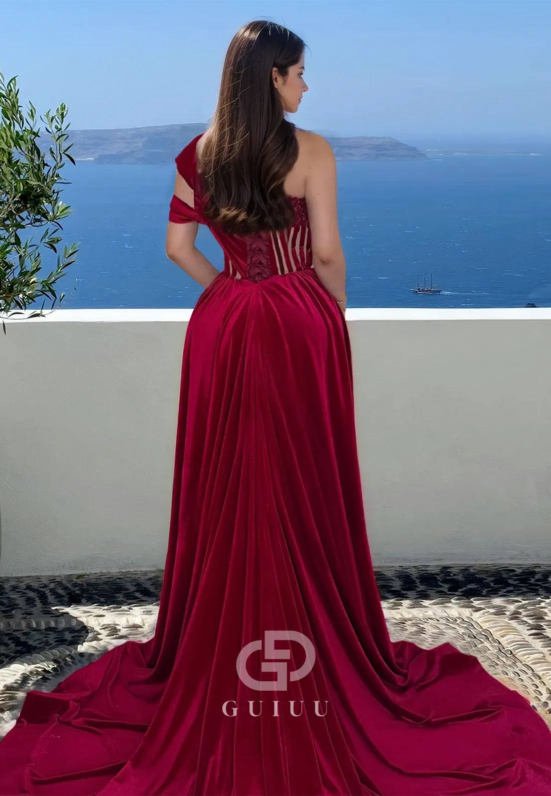 Burgundy One Shoulder Prom Dress with Pleats Velvet Slit Evening Party Dress