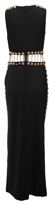 Button and Chain-Embellished Maxi Dress, Black