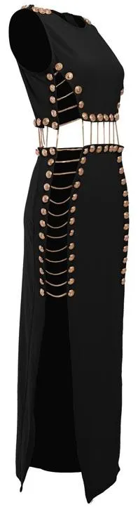 Button and Chain-Embellished Maxi Dress, Black