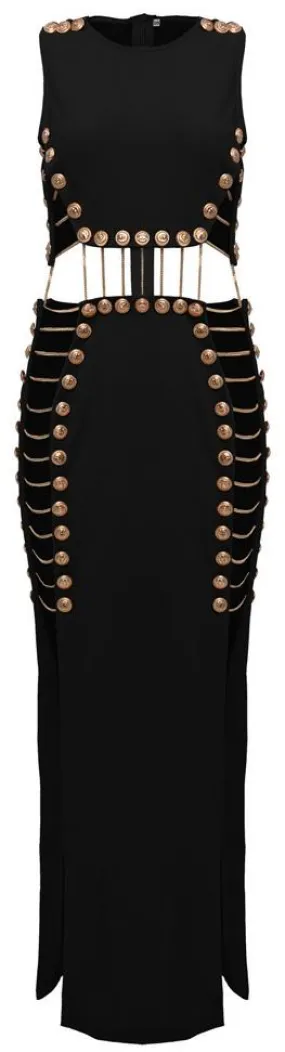 Button and Chain-Embellished Maxi Dress, Black