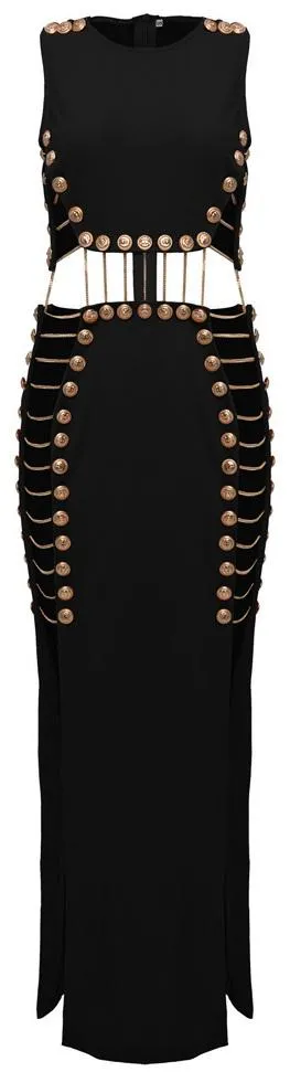 Button and Chain-Embellished Maxi Dress, Black