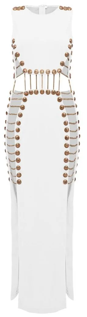 Button and Chain-Embellished Maxi Dress, White