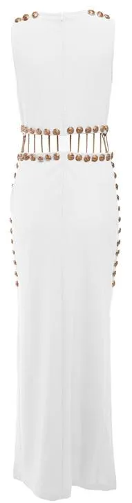 Button and Chain-Embellished Maxi Dress, White