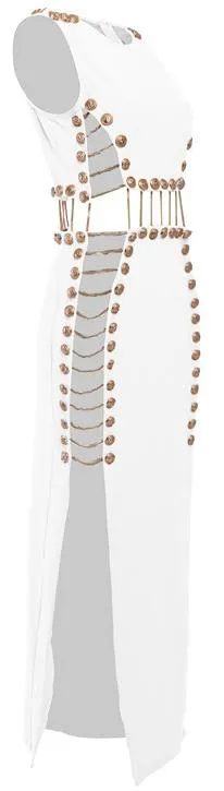 Button and Chain-Embellished Maxi Dress, White