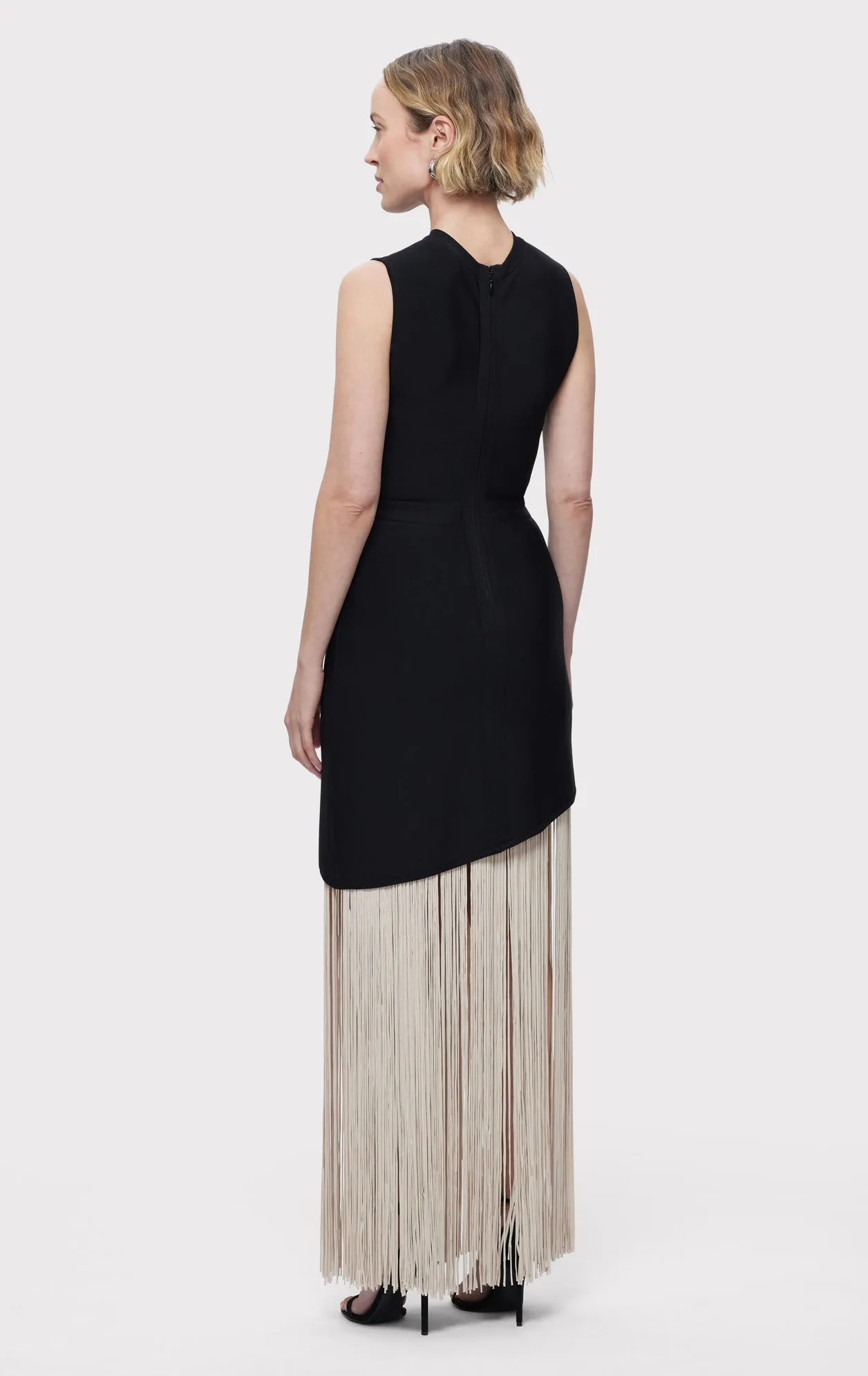 CREW NECK S/L ASYMMETRIC HEM FRINGE GOWN