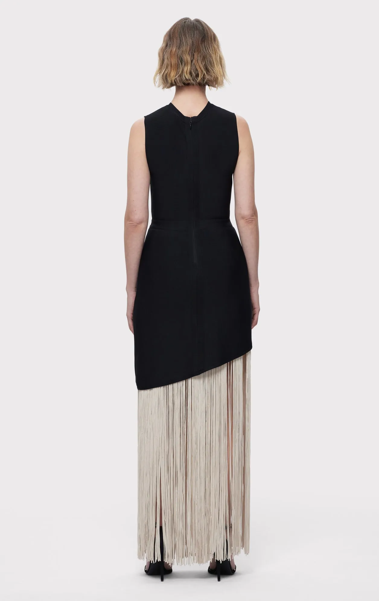 CREW NECK S/L ASYMMETRIC HEM FRINGE GOWN