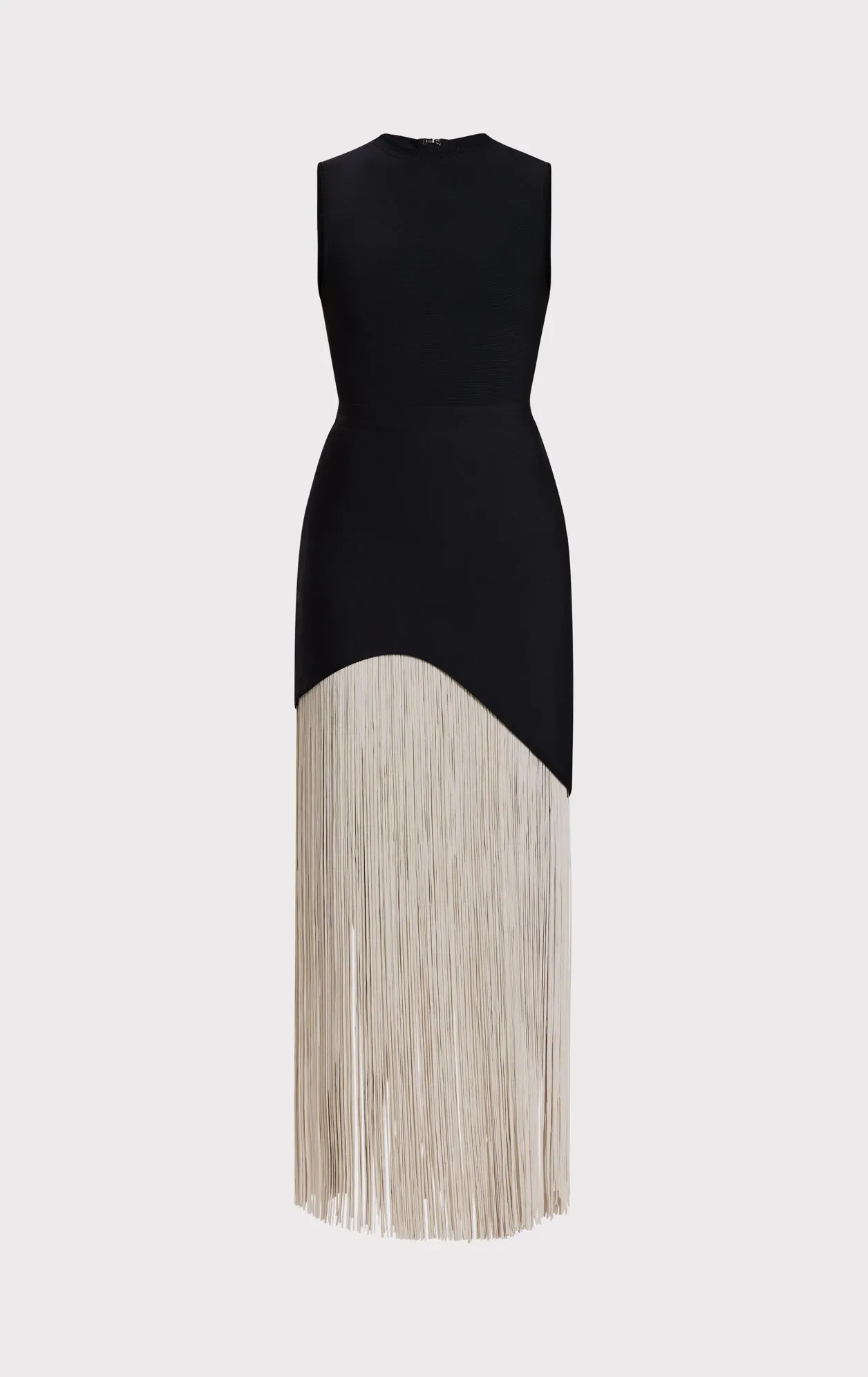 CREW NECK S/L ASYMMETRIC HEM FRINGE GOWN