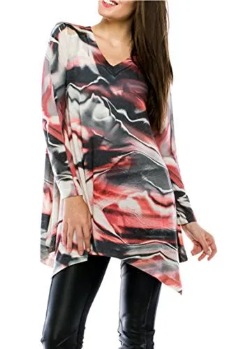 Cubism Apparel - Red Wave, Asymmetric Hem, Long Sleeve Fashion Tunic Top