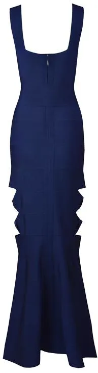 Cut-Out Deep Blue Fluted-Hem Maxi Bandage Dress