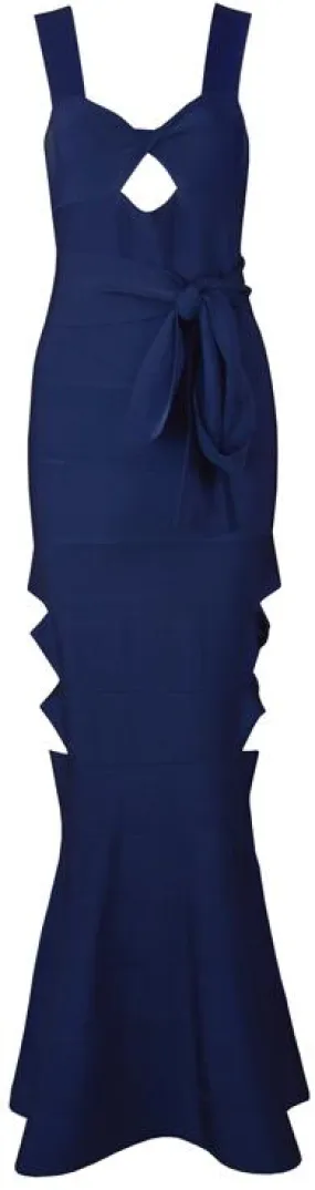 Cut-Out Deep Blue Fluted-Hem Maxi Bandage Dress