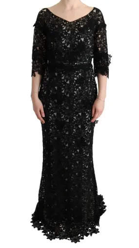 Dolce & Gabbana Black Cotton Silk Floral Long Dress