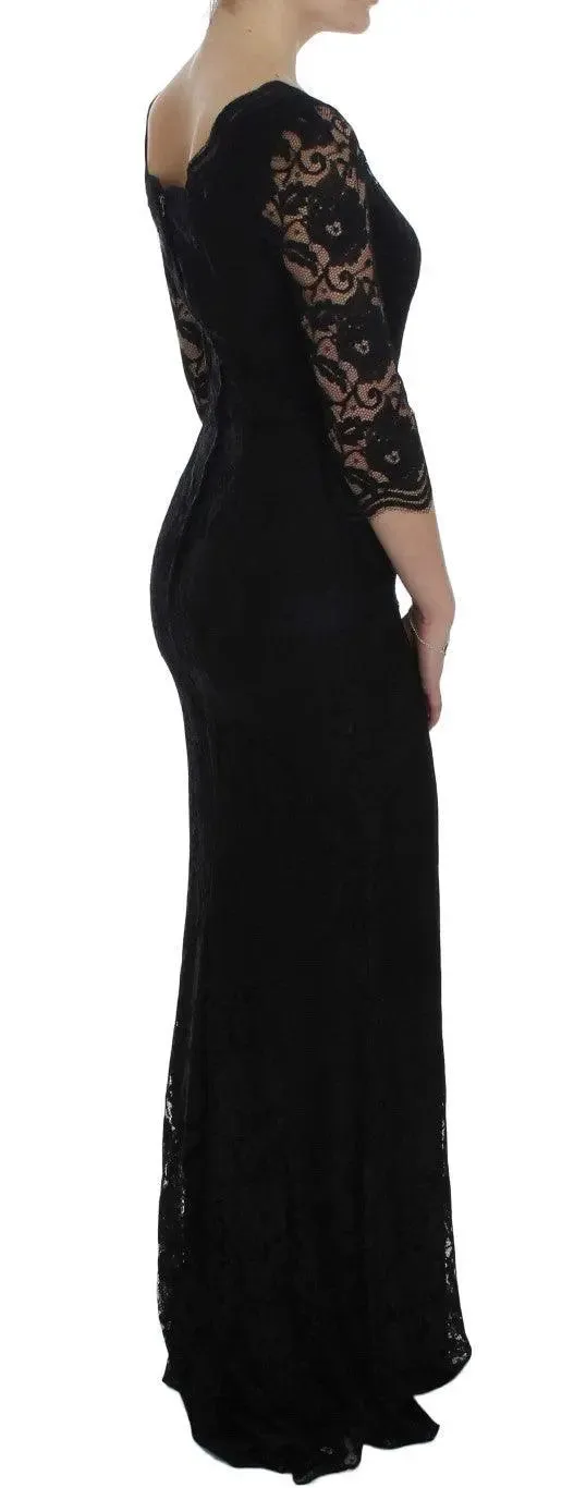 Dolce & Gabbana Black Floral Lace Long Ball Maxi Dress