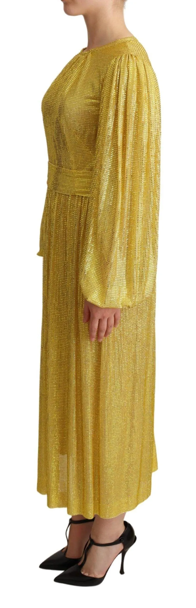 Dolce & Gabbana Yellow Crystal Mesh Pleated Maxi Dress