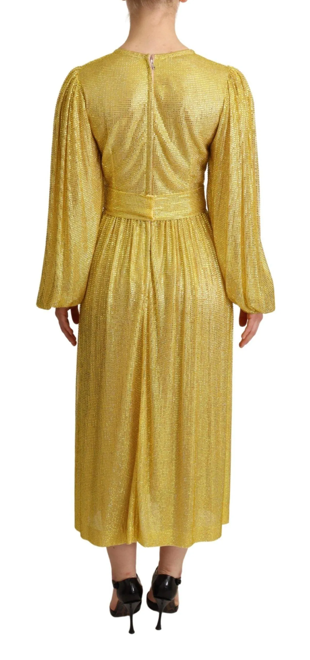 Dolce & Gabbana Yellow Crystal Mesh Pleated Maxi Dress