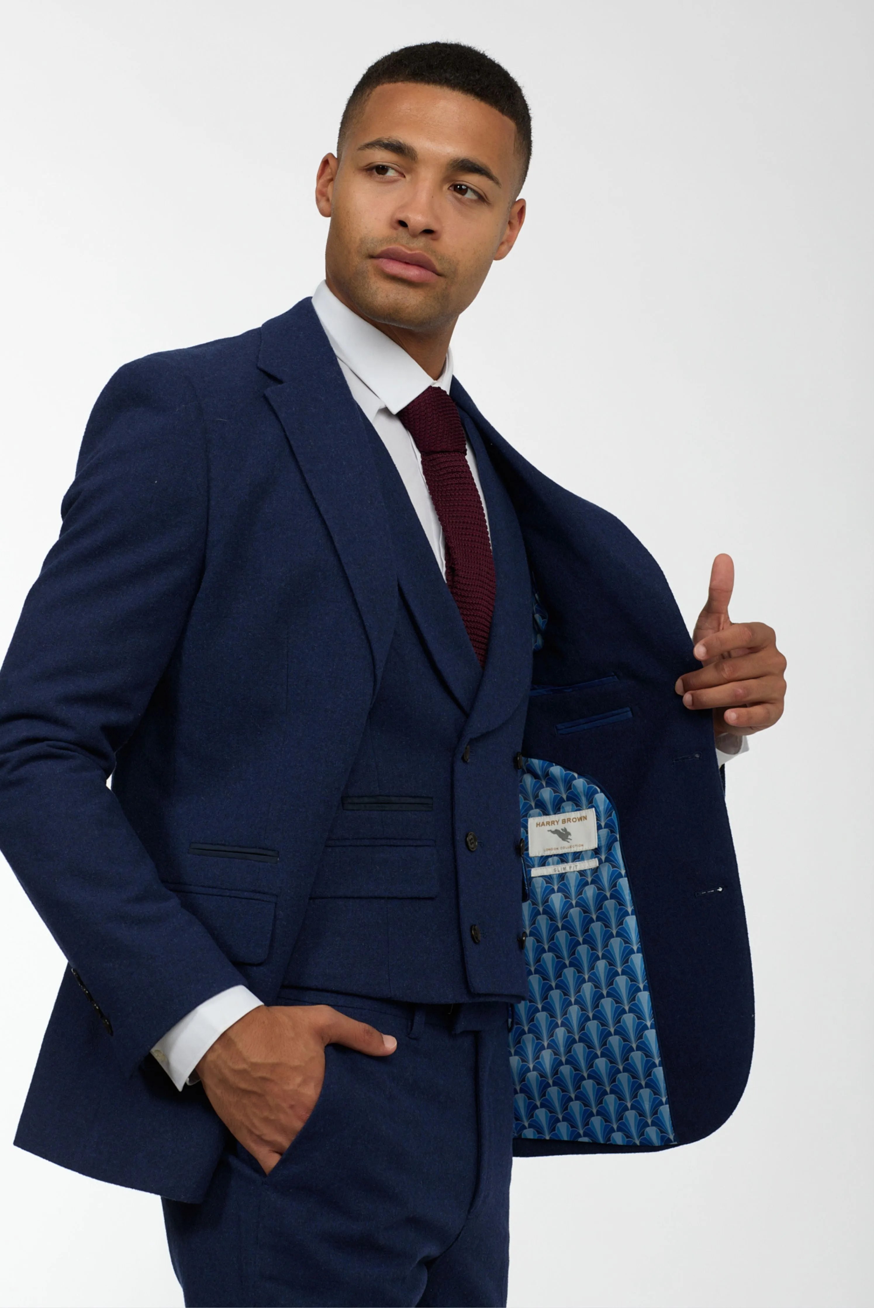 Eton Wool Tweed Three Piece Slim Fit Suit in Navy