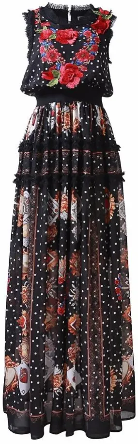 Floral Appliques Printed Mesh-Ruffled-Trim Maxi Dress