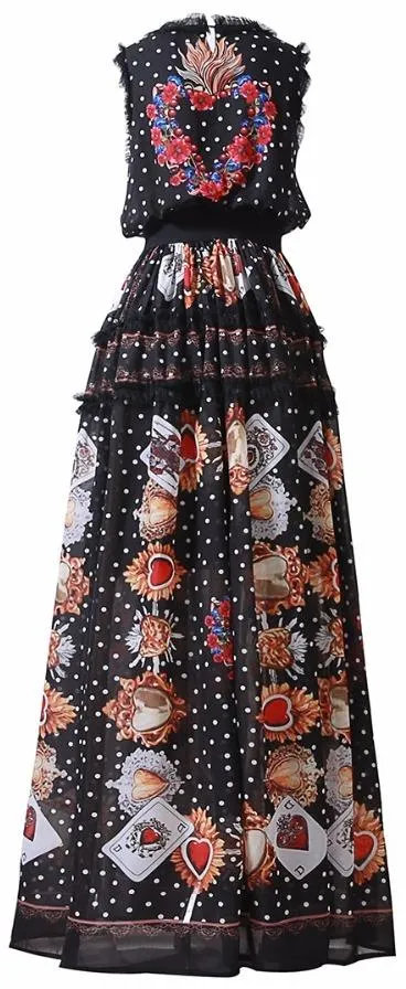 Floral Appliques Printed Mesh-Ruffled-Trim Maxi Dress