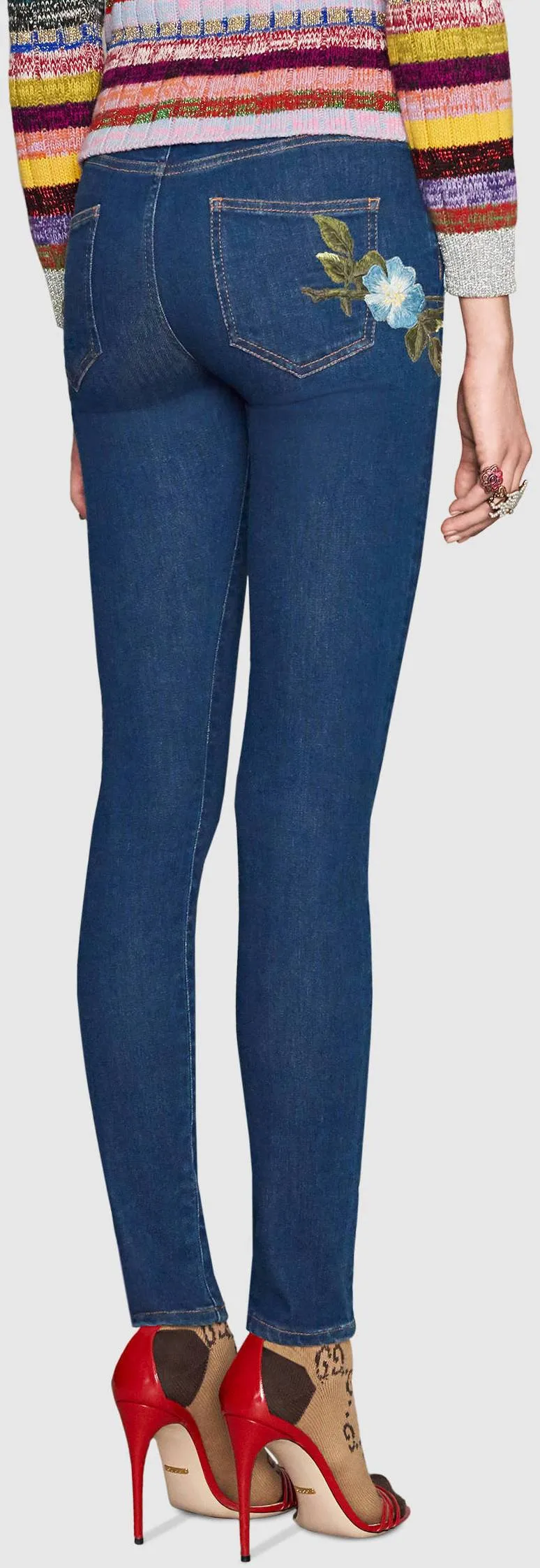 Floral-Embroidery Skinny Denim Jeans