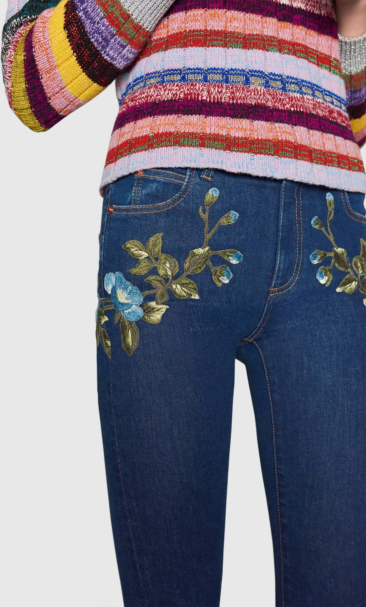 Floral-Embroidery Skinny Denim Jeans