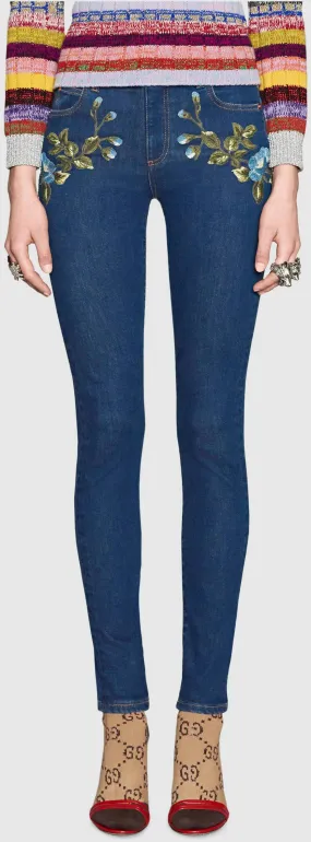 Floral-Embroidery Skinny Denim Jeans