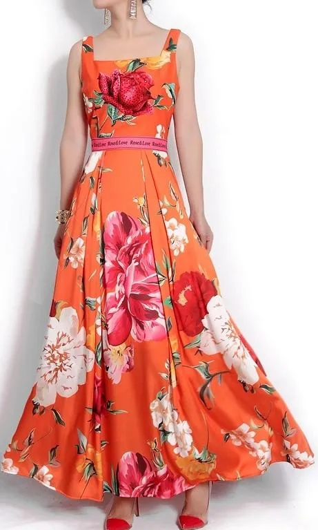 Floral Print Sleeveless Maxi Dress, Orange