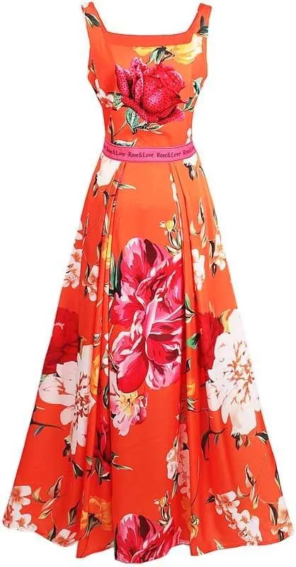 Floral Print Sleeveless Maxi Dress, Orange