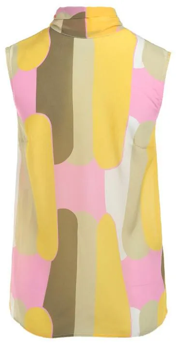 Geometric Print Tie-Neck Sleeveless Silk Blouse