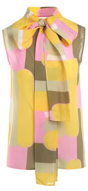 Geometric Print Tie-Neck Sleeveless Silk Blouse