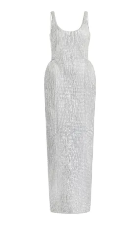 Girard Shirred Maxi Dress with Lining in Silver Metallic Nappa Leather