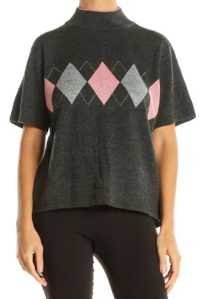 Gray Argyle Print Casual Top