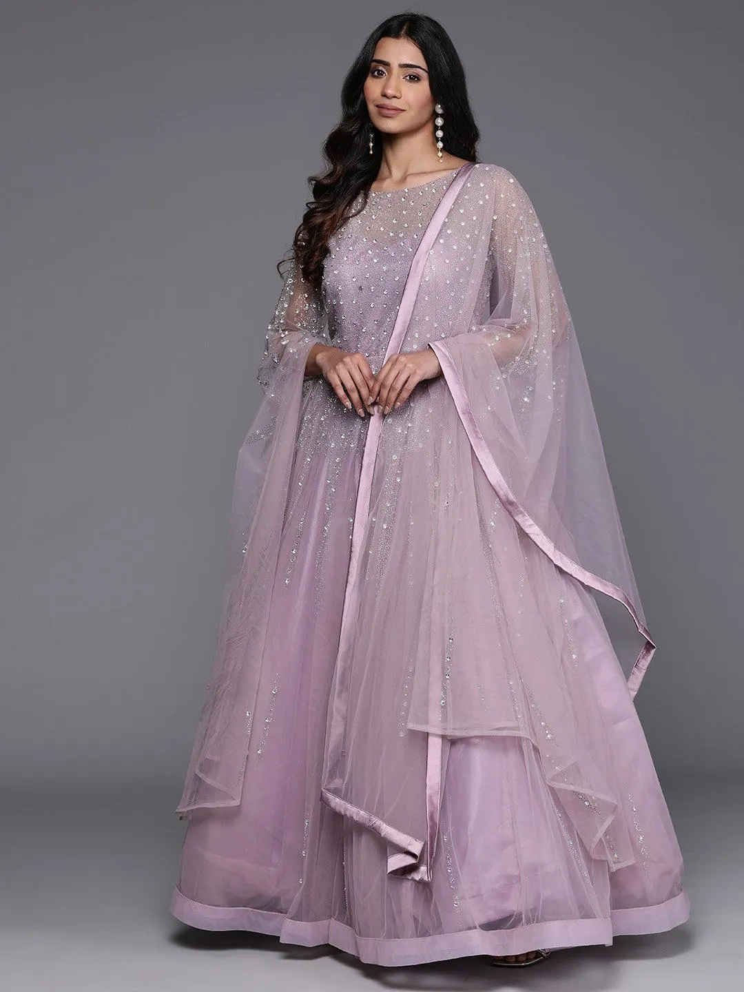 Jashvi Art Mauve Embellished Polyester Gown With Dupatta