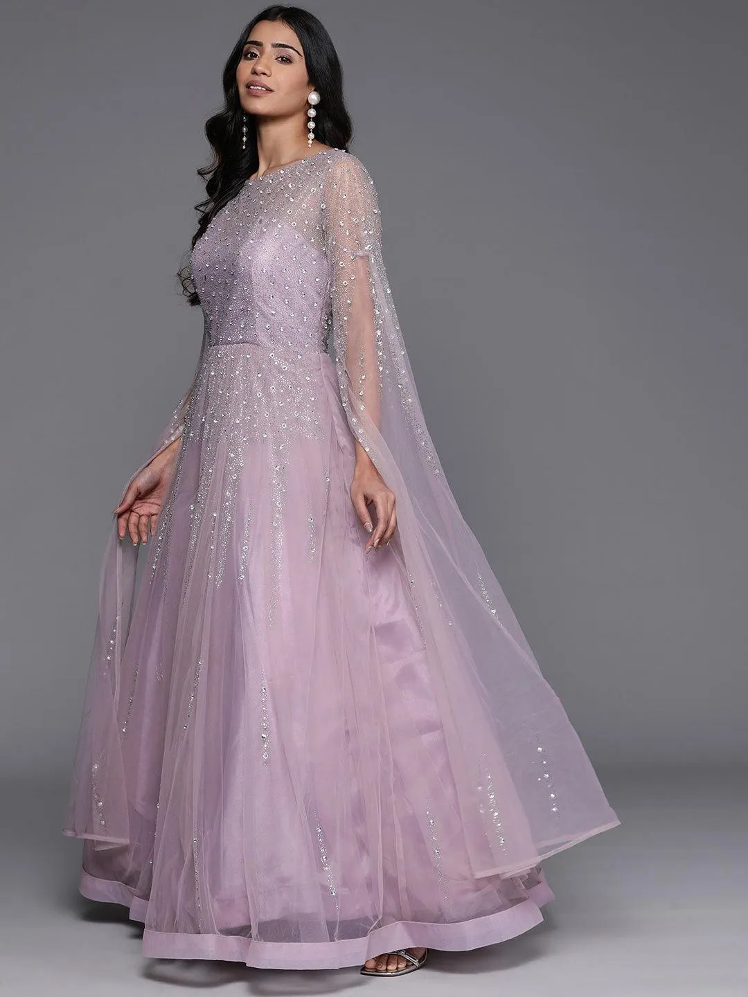 Jashvi Art Mauve Embellished Polyester Gown With Dupatta