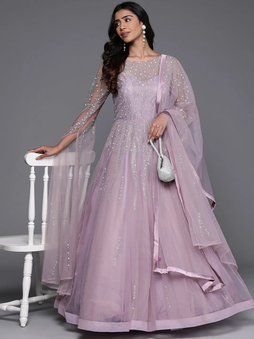 Jashvi Art Mauve Embellished Polyester Gown With Dupatta