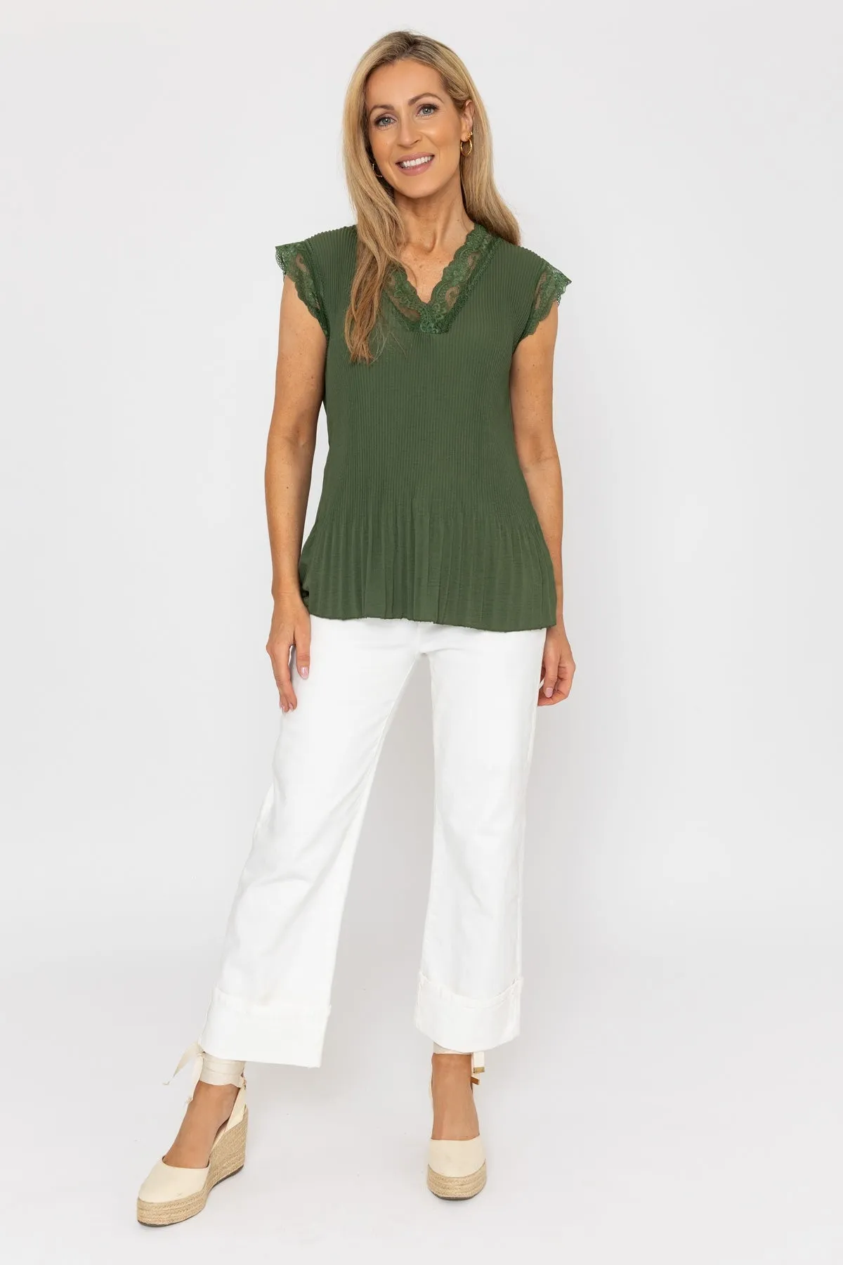 Khaki Sleeveless Lace Trim Pleat Top